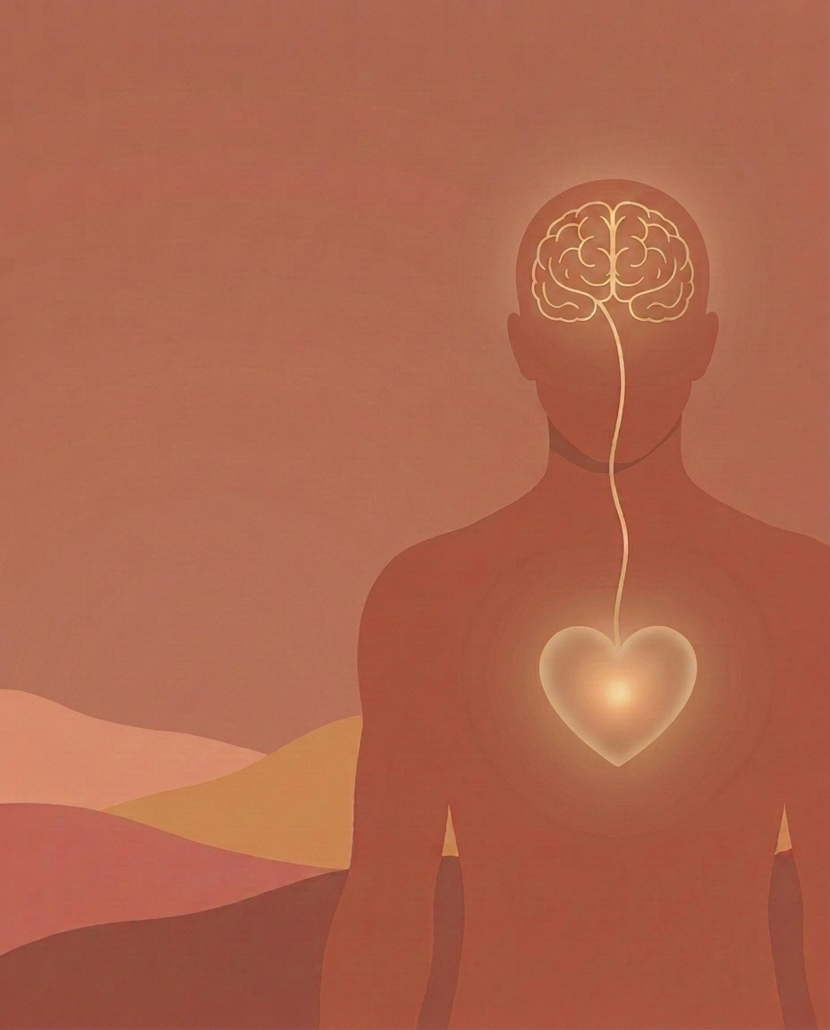 Golden line art of a brain connected by a thread of light to a glowing heart, above desert dunes